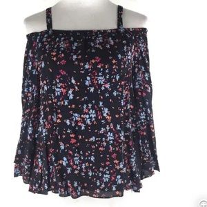 Parker Black Off the Shoulder‎ Floral Print Rayon Blouse Women's Size Medium